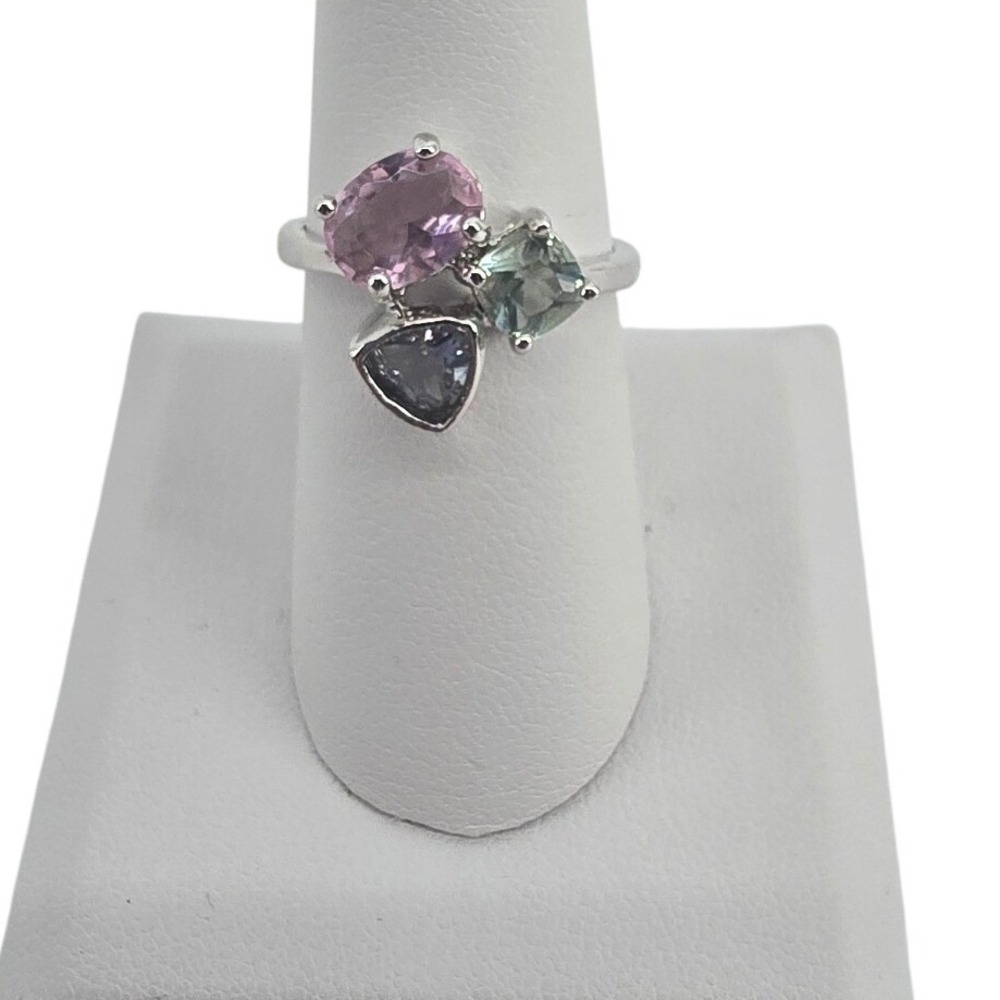 Ring Women 7.5 Multi Gemstone Cluster Silver Heart Trillion